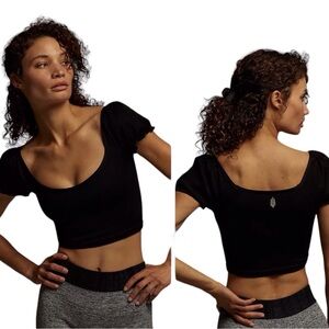 Free People Movement Happiness Runs Puff Sleeve Crop Tank Color Black Size M/L